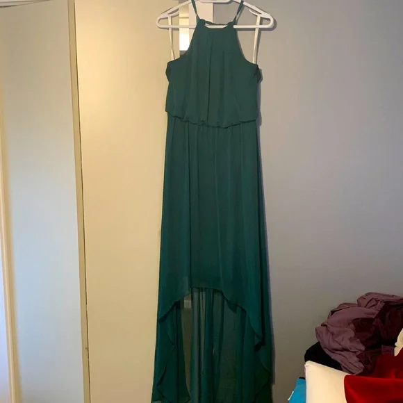 david's bridal high low bridesmaid dress David's Bridal Champagne Crepe-Back Satin Spaghetti Strap Dress, 4, style F20095